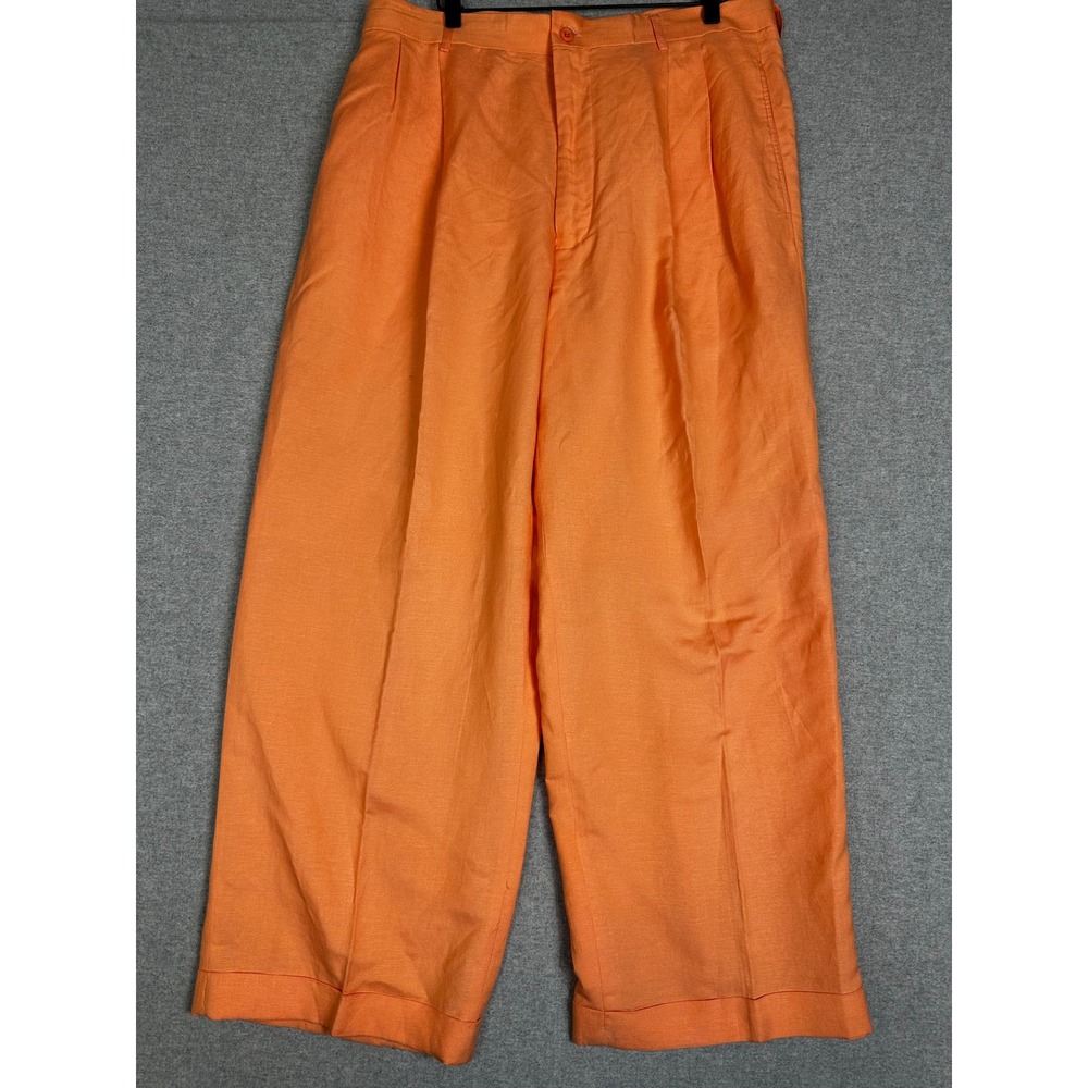 Stacy Adams Pleated Linen Viscose Trousers 36x32 Salmon Orange Cuffed Baggy Leg